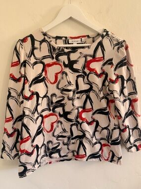 Chico's White Long-Sleeve Top with Black and Red Heart Brushprint